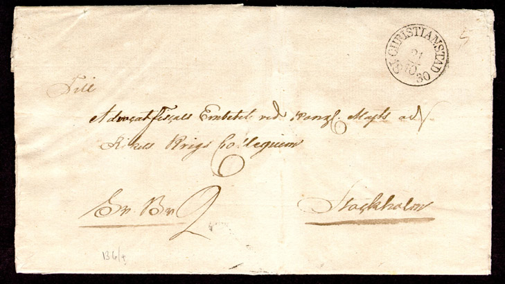 Förfilatelistiskt brev skickat från Kristianstad till Stockholm den 21 oktober 1830. 

Stämpeltyp: Normalstämpel 6