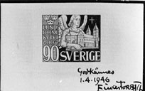 Frimärksförlaga till frimärket Lunds Domkyrka 800 år, utgivet 28/5 1946. Valör 90 öre.