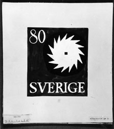 Ej realiserade förslag till nya frimärkstyper 1951. Konstnär: Lars Norrman. Motto: "Hög valör". 3. Cirkelsågklinga. 
Valör 80 öre.