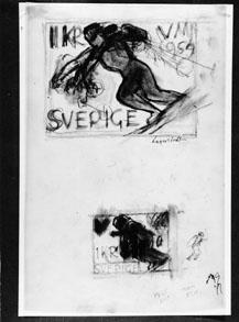 Skisser - förslag - till frimärket VM på skidor, utgivet 12/3 1954. VM hölls i Falun och Åre. Konstnär: Georg Lagerstedt. Blad med två skisser. 
Valör 1 kr.