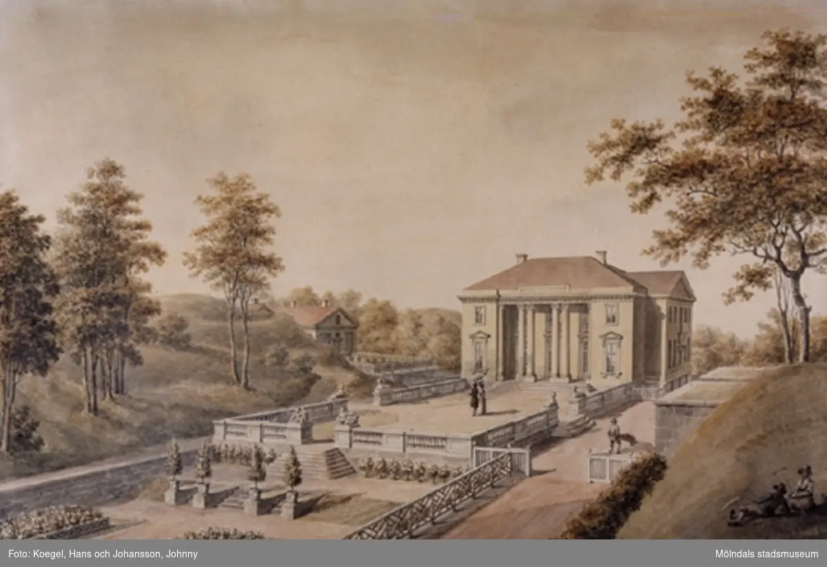 Akvarell föreställande Gunnebo slott med omnejd, avfotograferad 1997. 
Akvarellmålning från 1795-1823 av konstnären Justus Fredrik Weinberg, signatur J. F Weinberg.