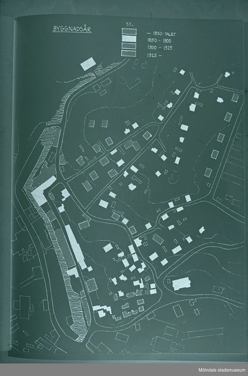 Roten K, L och M samt Götaforsliden i Mölndal. Karta som visar på byggnadernas ålder. Illustration i Helena Jakobssons bok om Mölndals Kvarnby från 1972.
