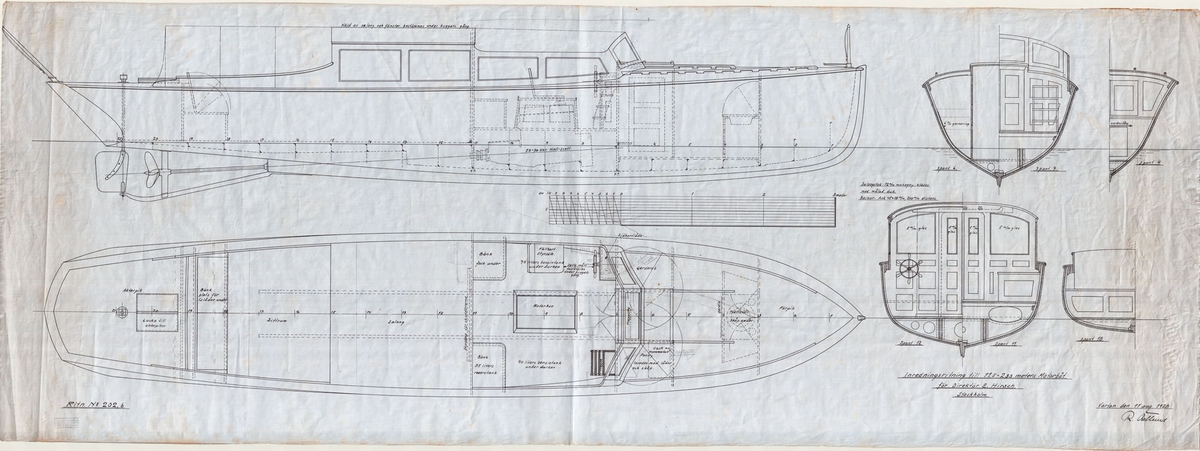 Ritning till motorbåt ritad av Ruben Östlund för direktör E. Hirsch.
Inredningsritning