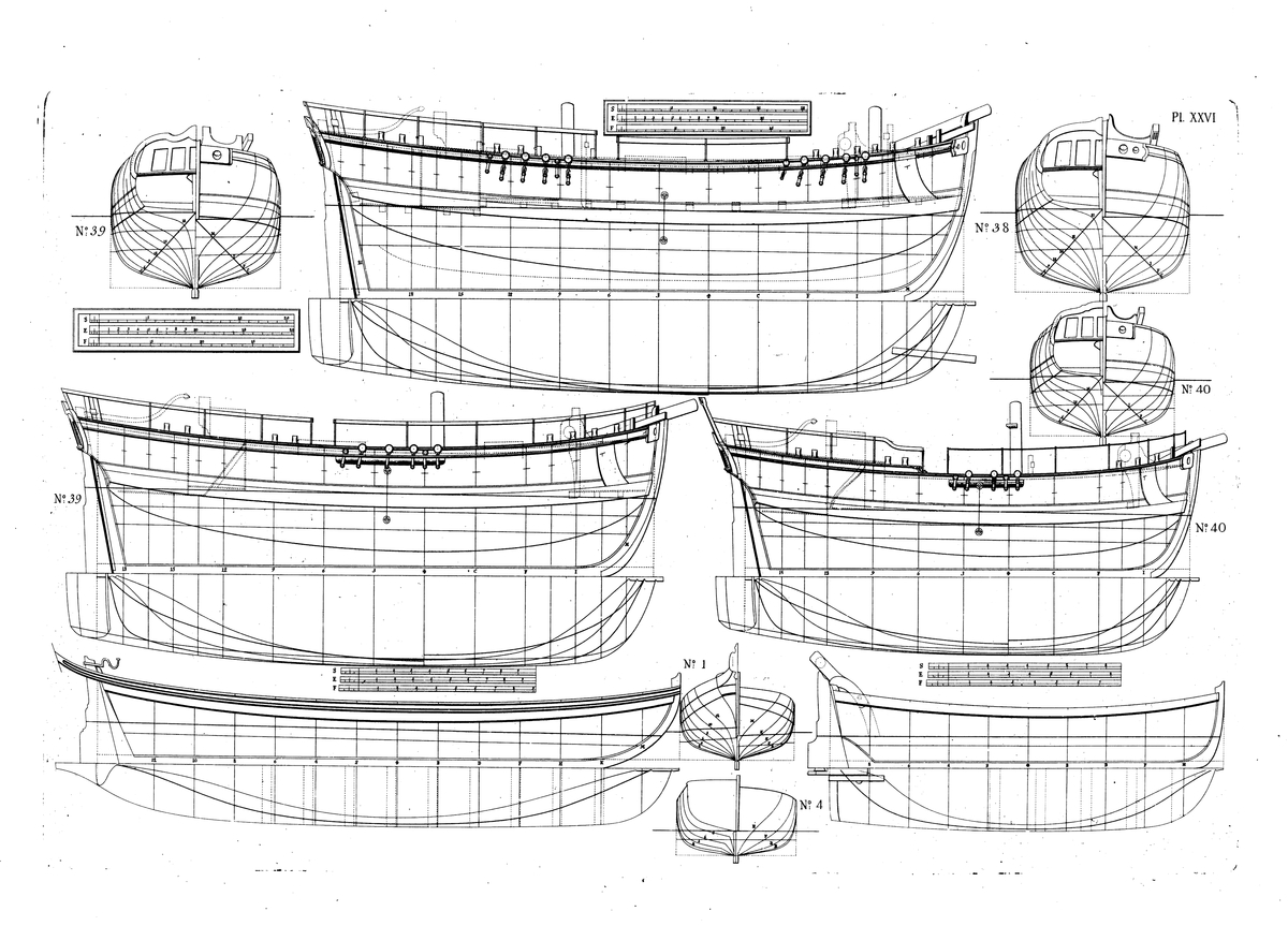 Slup (ritning nr 1), barkass (nr 4) och tre barkskepp (nr 38, 39 och 40). Profil-, spant- och linjeritningar,