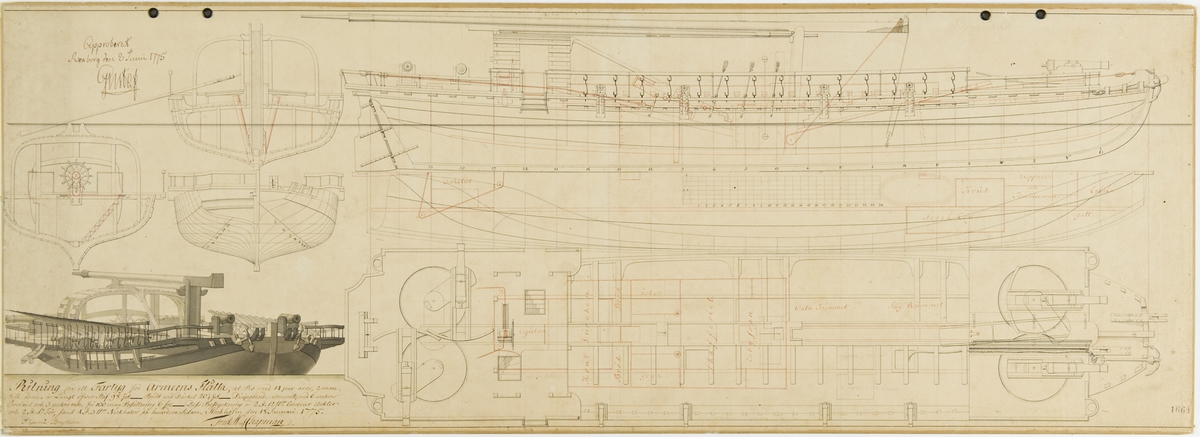 Pojamafartyget BRYNHILDA. Profil, spant, plan och sektion samt laverad trekvartsvy.