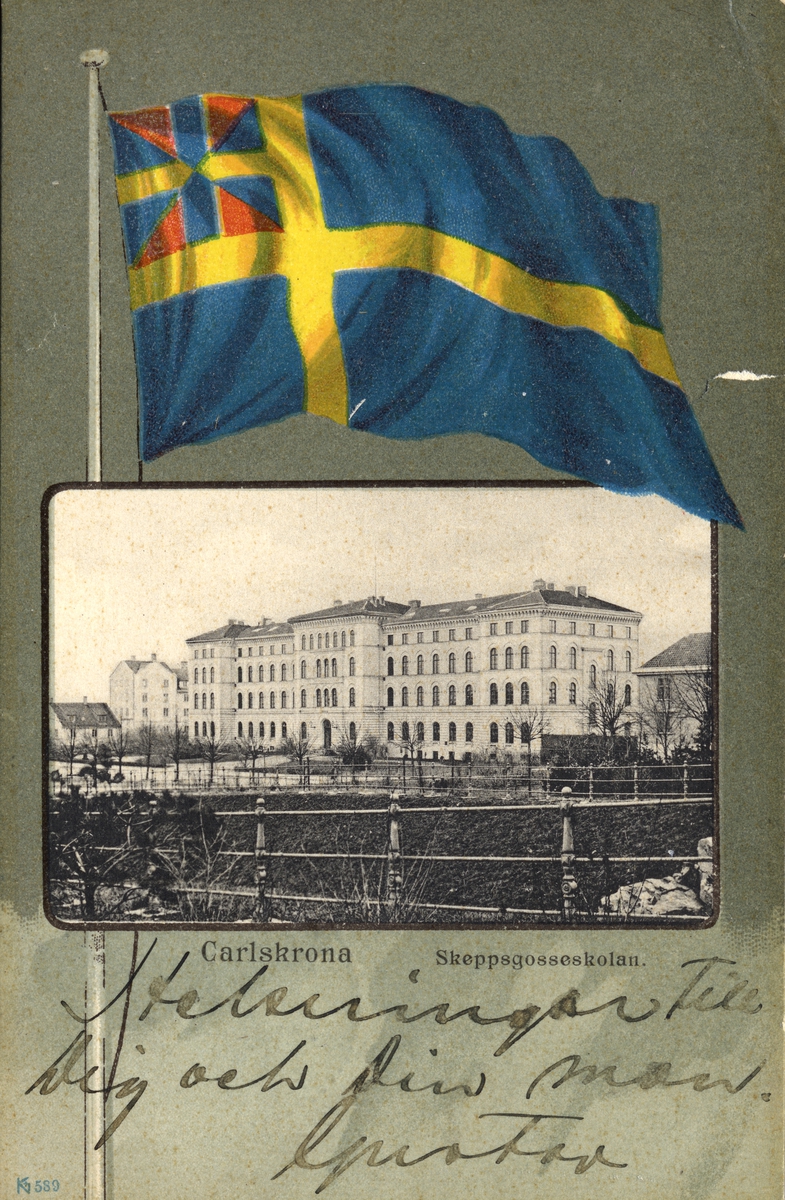 Vykort av skeppsgosseskolan i Karlskrona.