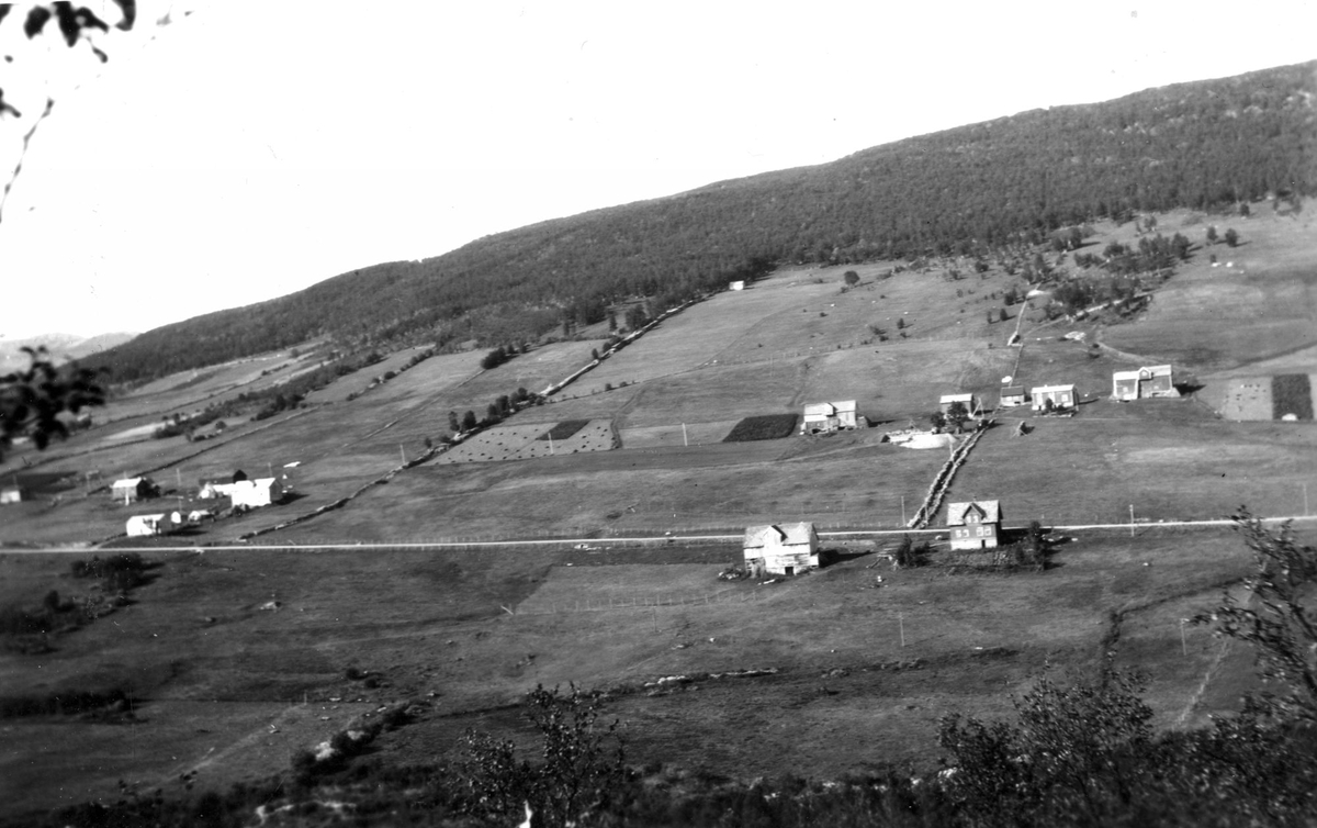 Landskapsbilde av gårdene på Ytre Kilhus og Øverby. Theodorsens gård i forgrunnen.