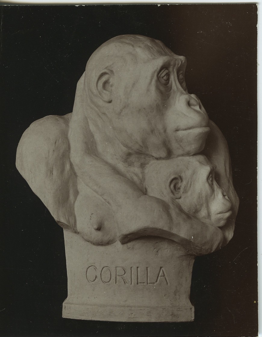'Gorillor, hona med unge. Skulptur av Bildhauer Herman Ter Meer, Leipzig. Höjd 56 cm. ::  :: Ingår i serie med fotonr. 1015-1020.'