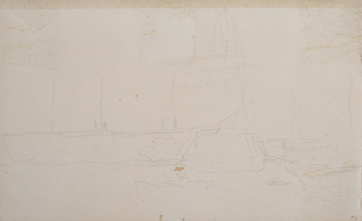 Framsida: Segelfartyg med skonarskrov och 3 loggertriggade master, bb sida. 

Frånsida: Svag kontur, hamnbild med pir och fartygsriggar