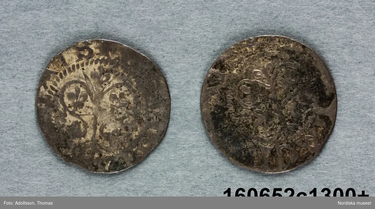 1 örtug s.k. gote, silver, 2 st, utgivna ca 1380-1390 av okänd myntherre på Gotland, Visby.