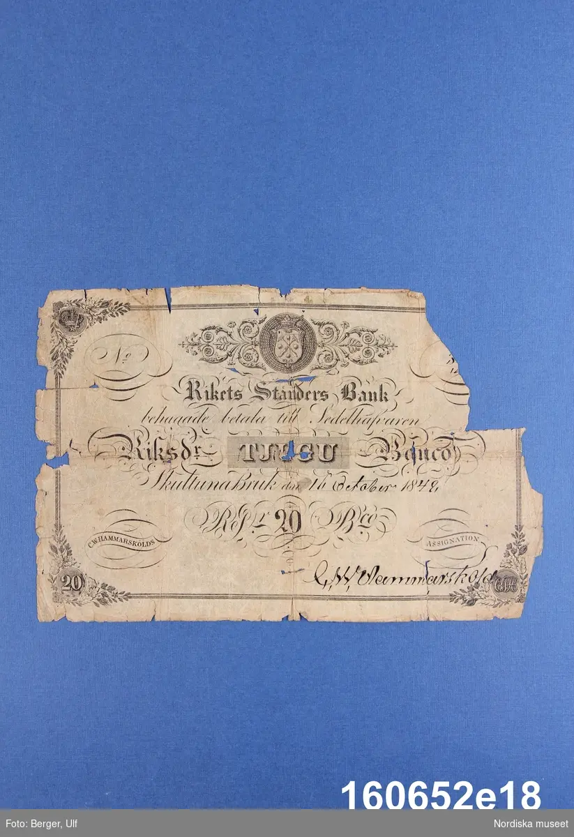Rikets Ständers bank, 20 riksdaler banco. Daterad Skultuna Bruk 16 okt 1848, numret bortrivet.