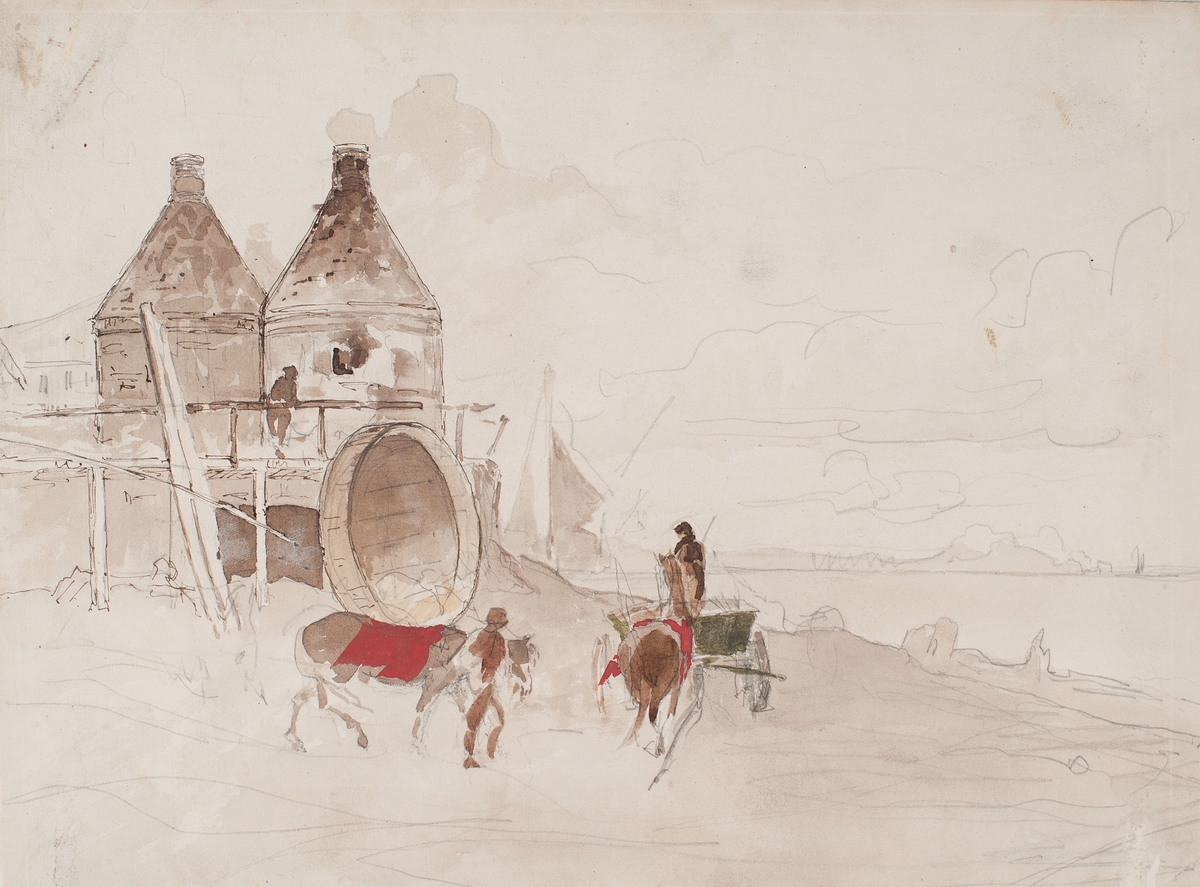 Framsida:  Två kalkugnar, runda med konisk överdel, därframför ett par hästar med röda täcken, en vagn och två män, bakom vänstra hästen ett på kant ställt större laggkärl, lågt, ovalt, th en havsvik. 

Frånsida: I förgrunden en skonare med rak stäv, därbakom, en jaktriggad seglare och i bakgrunden en tremastad skonertriggad hjulångare med två skorstenar, tvärskepps ställda.