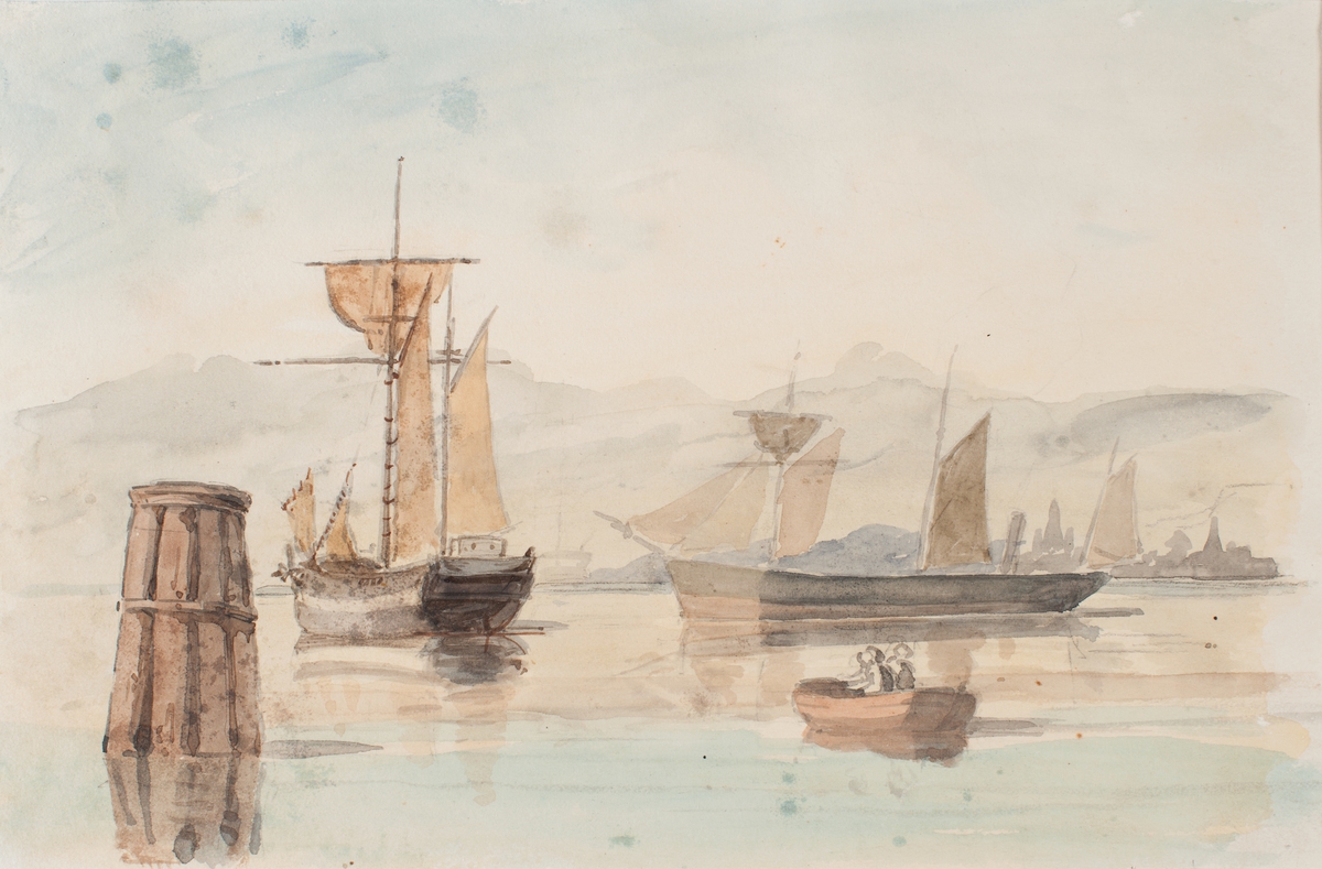 Hamnmotiv med ångare, segelfartyg och roddbåt