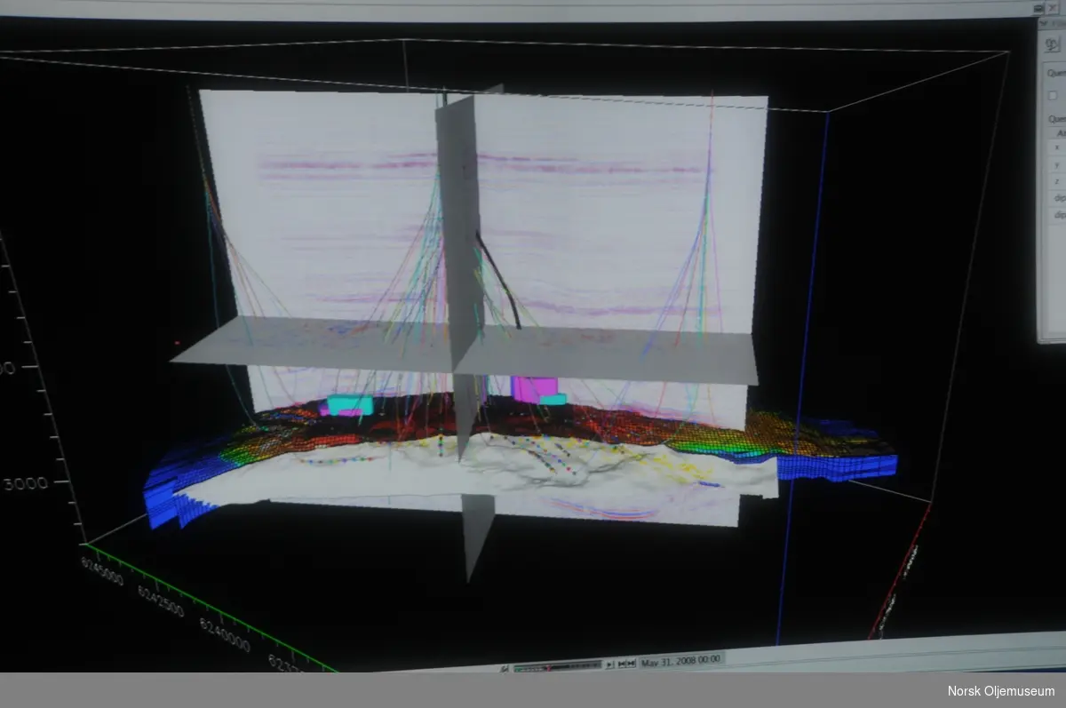 En 3D modell over Valhallfeltet med seismiske data, rørtraseer og ulike fargekoder.