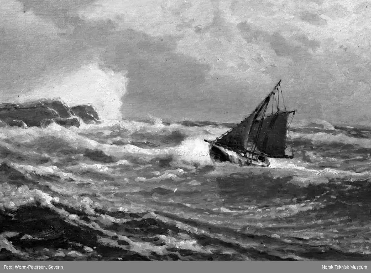 Marinemaleri, seilskute, malt av Carl Wilhelm Barth. Fra pakke merket "Norsk Malerkunst Barth"