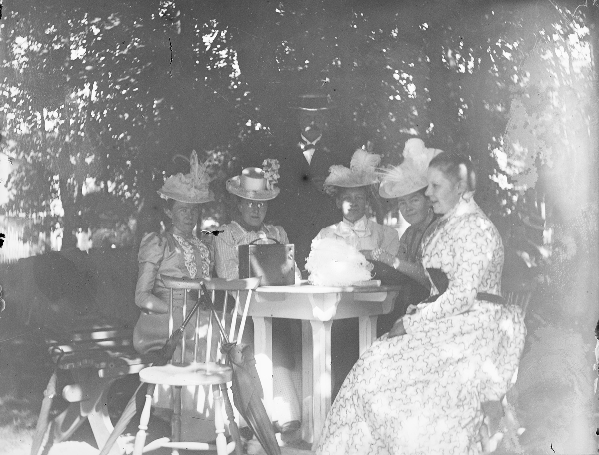 Fem kvinner sitter ved et bord under trær hvor det er skygge. En mann står bak gruppen. Foran støttet til en stol står to parasoller eller paraplyer.