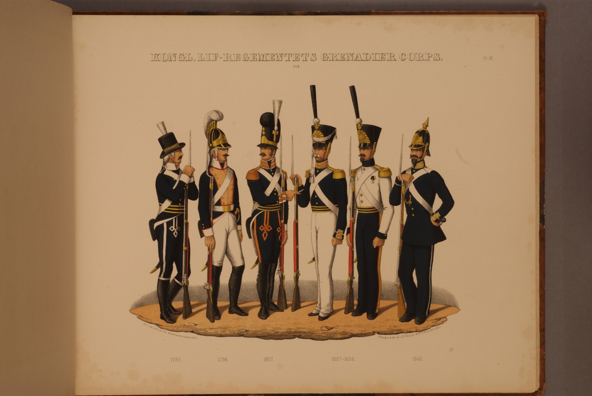 Plansch med uniform för Livregementets Grenadier Corps för åren 1792-1845. Plansch i färgtryck efter original av Adolf Ulrik Schützercrantz. Ingår i planschsamlingen Svenska krigsmaktens fordna och närvarande munderingar.