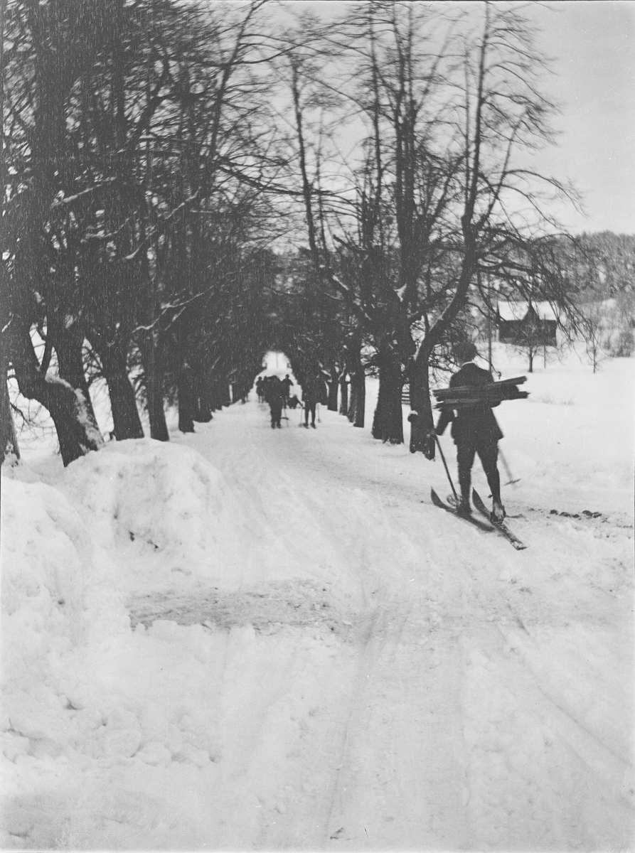 Flere personer går på ski elller sitter på kjelke på vei bort fra Linderud Gård. Veien under lindealléen er måkt , men det er nok snø for ski og kjelke. Personen nærmest fotografen bærer noe som ligner store fakler på ryggen.