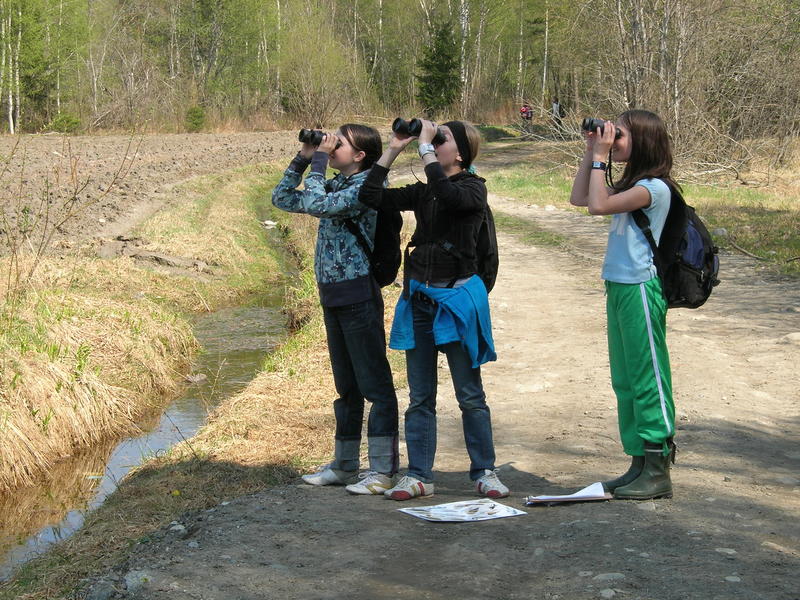 Foto av jenter som ser etter fugl med kikkert (Foto/Photo)