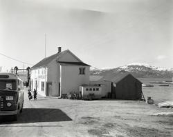 Maurnes Samvirkelag i Sortland ved fergekaia, 1954. Bussen t