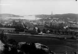Oversiktsbilde fra Sandefjord 1909. Jernbanestasjonen og San