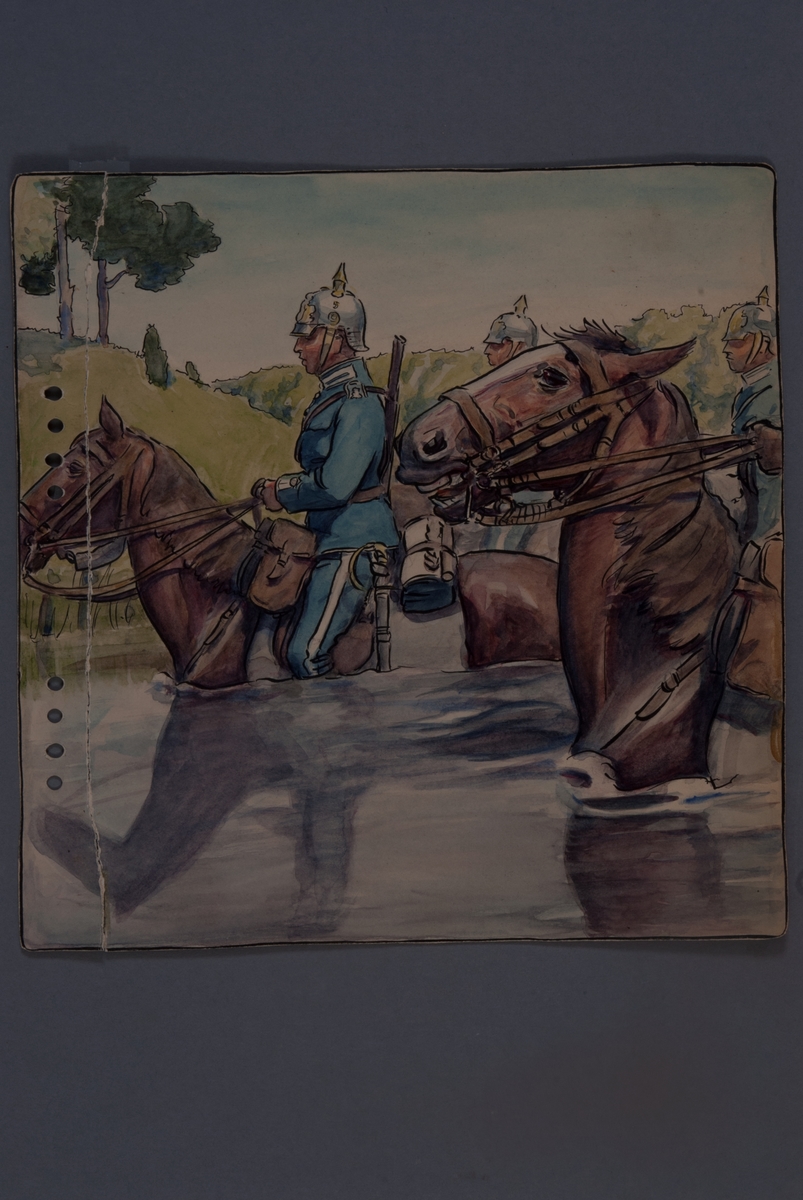 Plansch med uniform för Livgardet till häst, ritad av Einar von Strokrich. Soldat till häst vadar i vattendrag.
