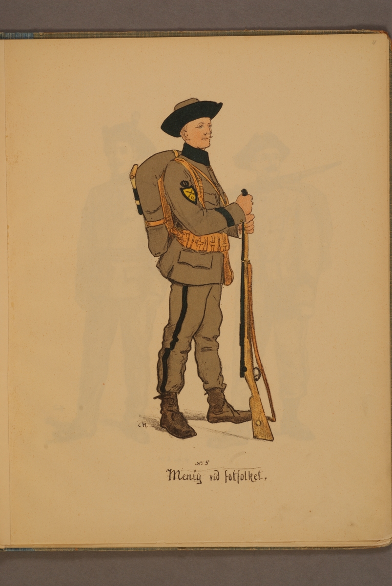 Menig vid fotfolket iförd uniform m/1906. Illustration av Carl Hellström i skriften Huvudsakliga innehållet af Generalorder den 26 okt. 1906 n:r 1170-1176.