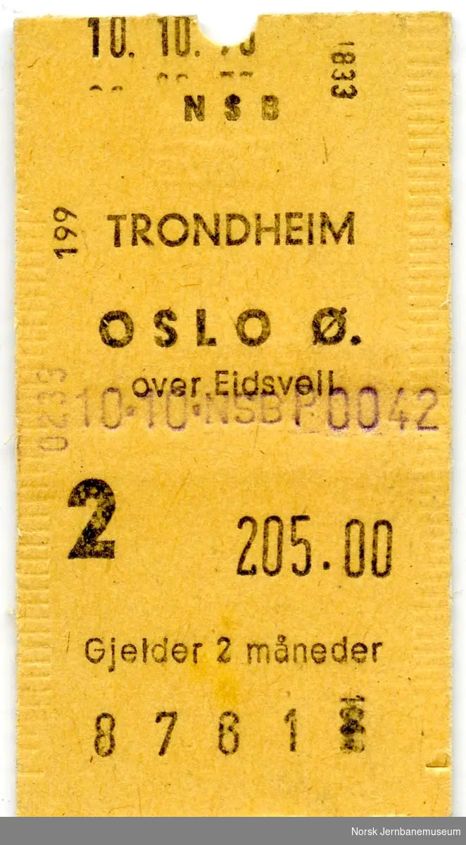 Billett Trondheim-Oslo S, 2. klasse, brukt, maskinbillett