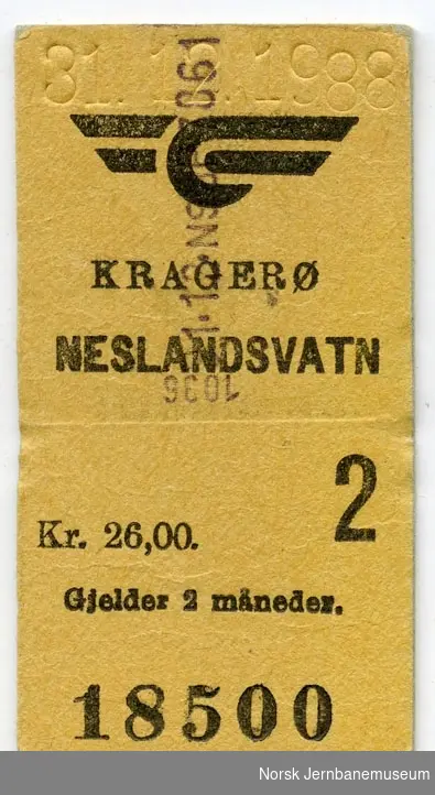 Billett Kragerø-Neslandsvatn 31.12.1988, siste tur