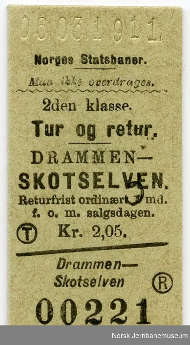 Tur/returbillett Drammen-Skotselven, 2. kl.