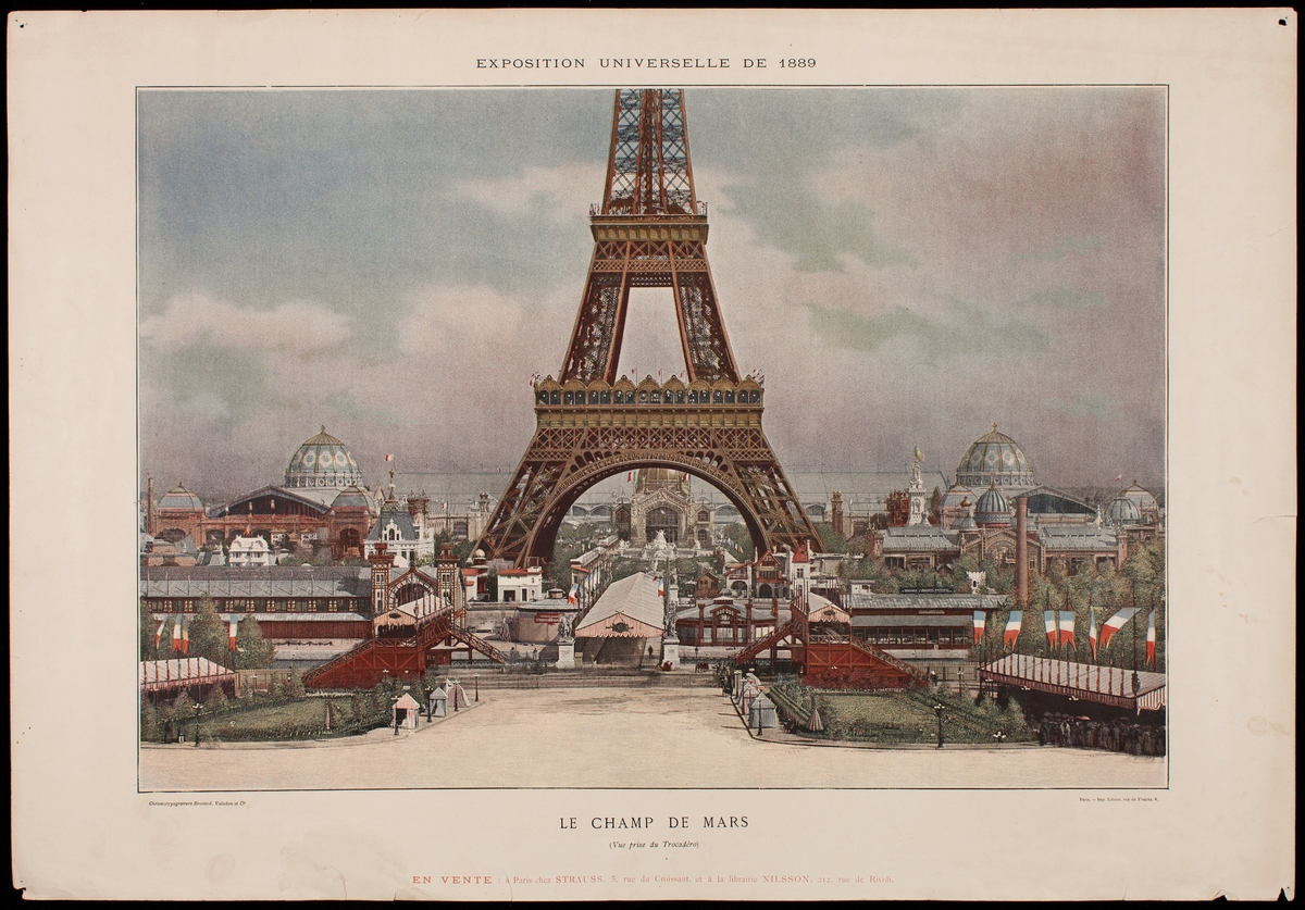 Plansch med motiv av etsning av vy över Världsutställningen 1889, Exposition universelle de 1889. Vy över Eiffeltornet och Champ de Mars mot Trocadero.