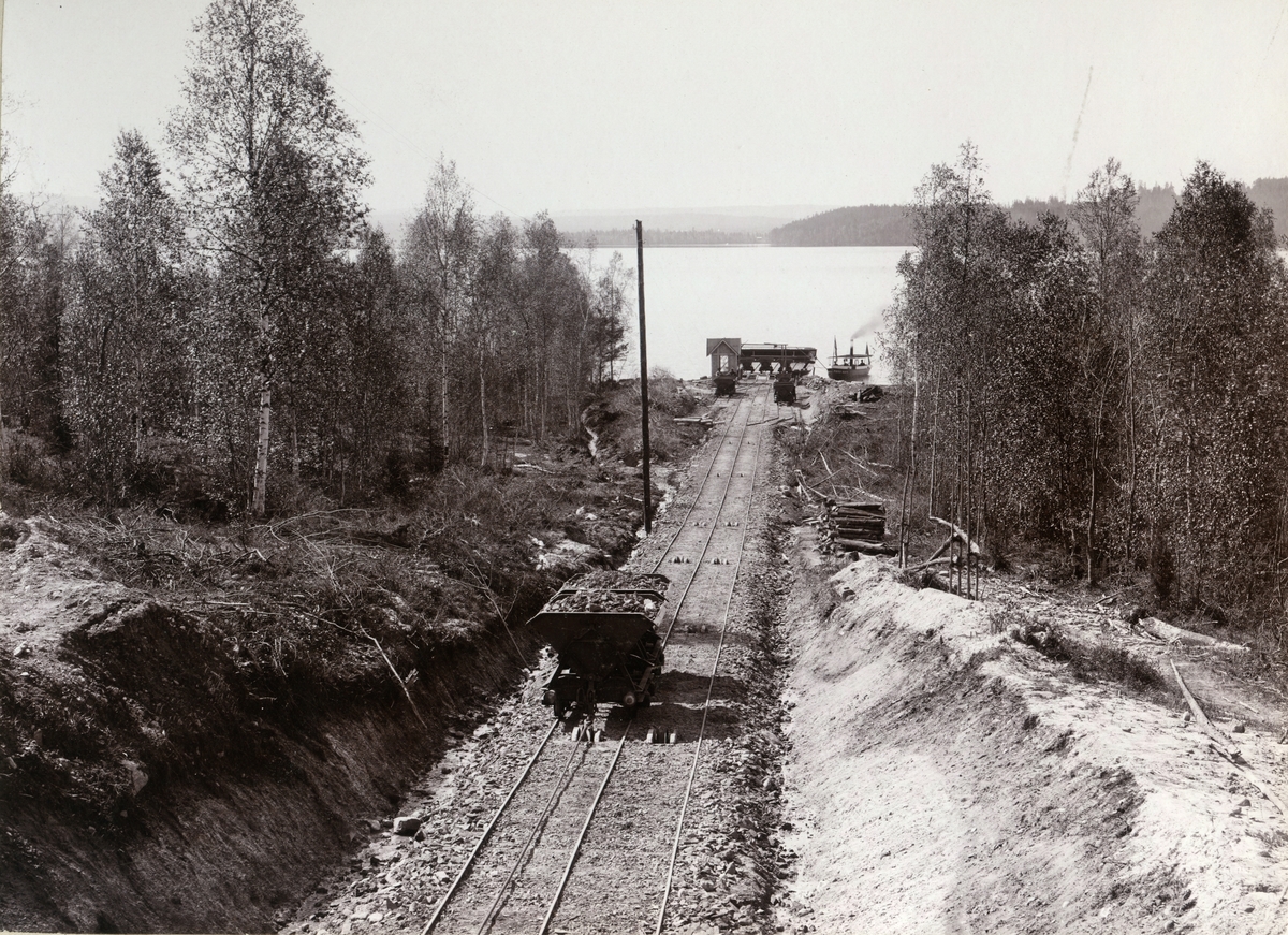 Transportbana. Bilden visar rutschbanan för malm från Lekombergs gruvor ned till färjeläget taget från landsvägsbron med färjeläget i bakgrunden. Ångbåten är PICKU MATTI, tidigare använd på sjön Södra Hörken och före det på sjön Långgvattnet vid Kloten. PICKU MATTI drog den 3-spåriga järnvägspråmen från färjeläget till Ludvika hamn där vagnarna lossades.

OBS att rutschbanan har 3 st räler med en mötesplats mitt på banan. Liknande rutschbana fanns även vid Stripa gruvor ned till sjön Rossvalen.

Foto från Industriutställningen i Stockholm 1897.