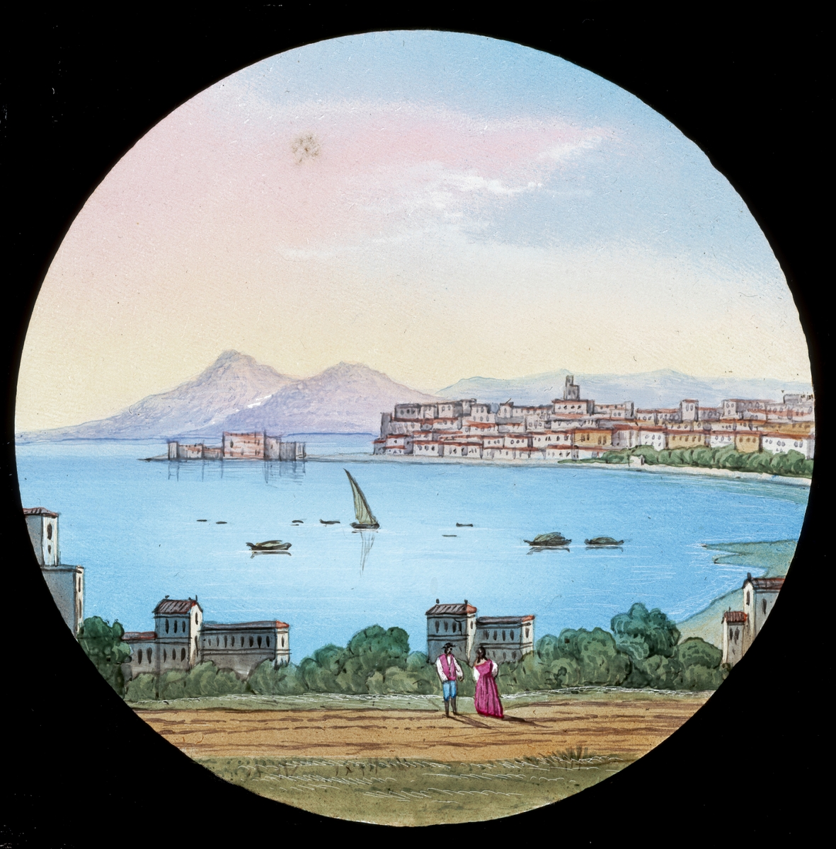 Handmålade ljusbild för skioptikon med motiv avpar blickande ut över hamnstad.
