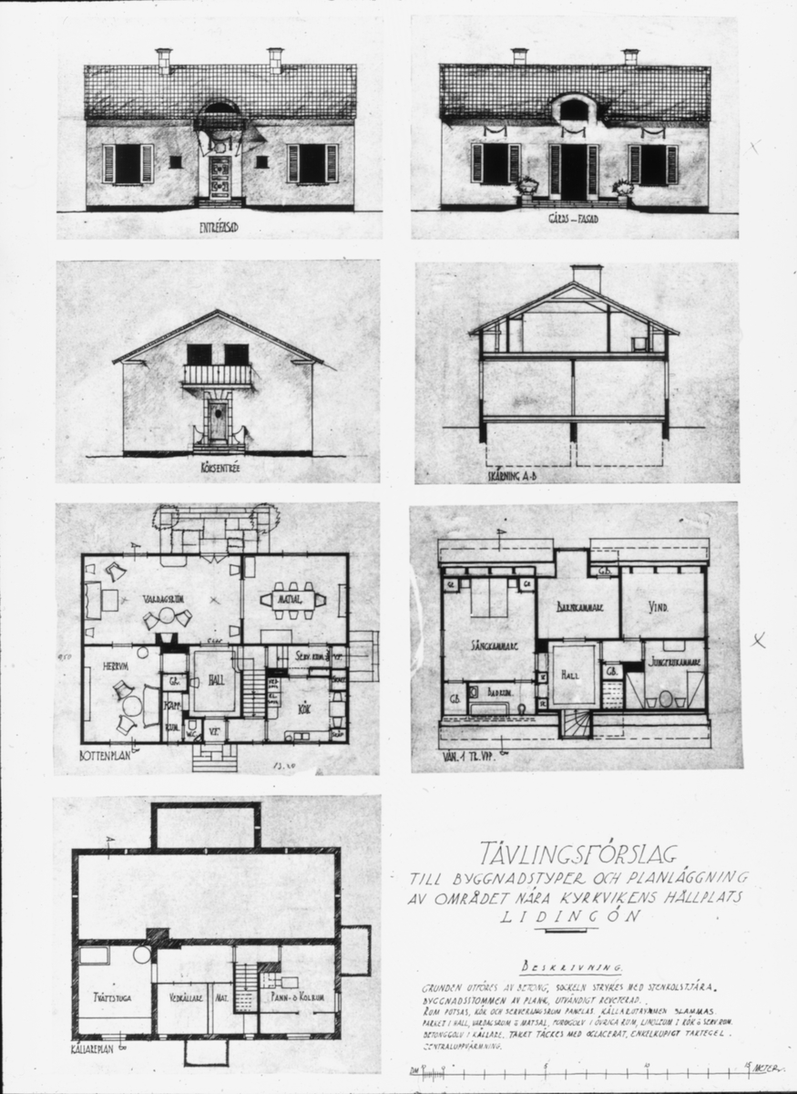 Bild från Ingenjör P. Wretblads material för Bygge och Bo-utställningar.
Tävlingsförslag till byggnadstyper och planläggning av området nära Kyrkvikens hållplats, Lidingö.
"A.B.C typ III".