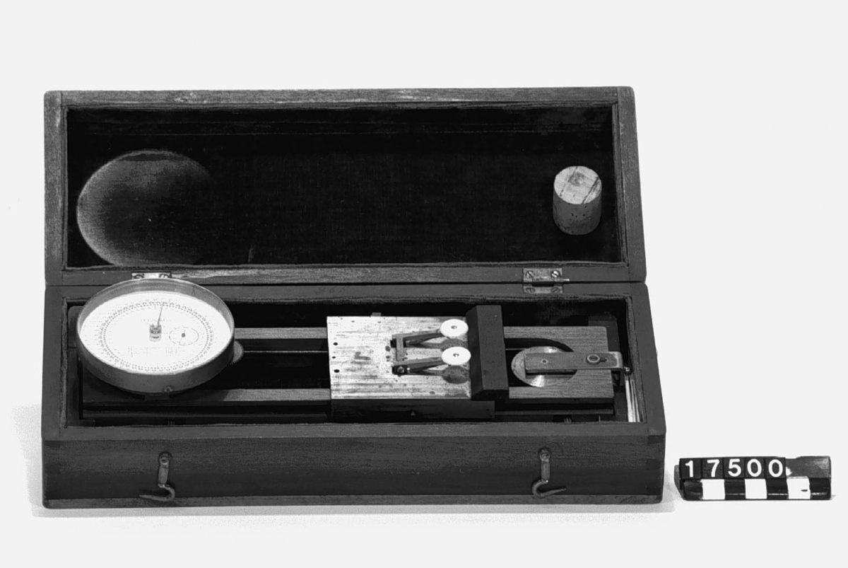 Planimeter, i låda av trä. Enligt Dr. Lidström kallas instrumentet "Köhlers kärra".
Tillbehör: Visare med sikte, pappersomslag för glasögonglas, papper för provning av planimetern.