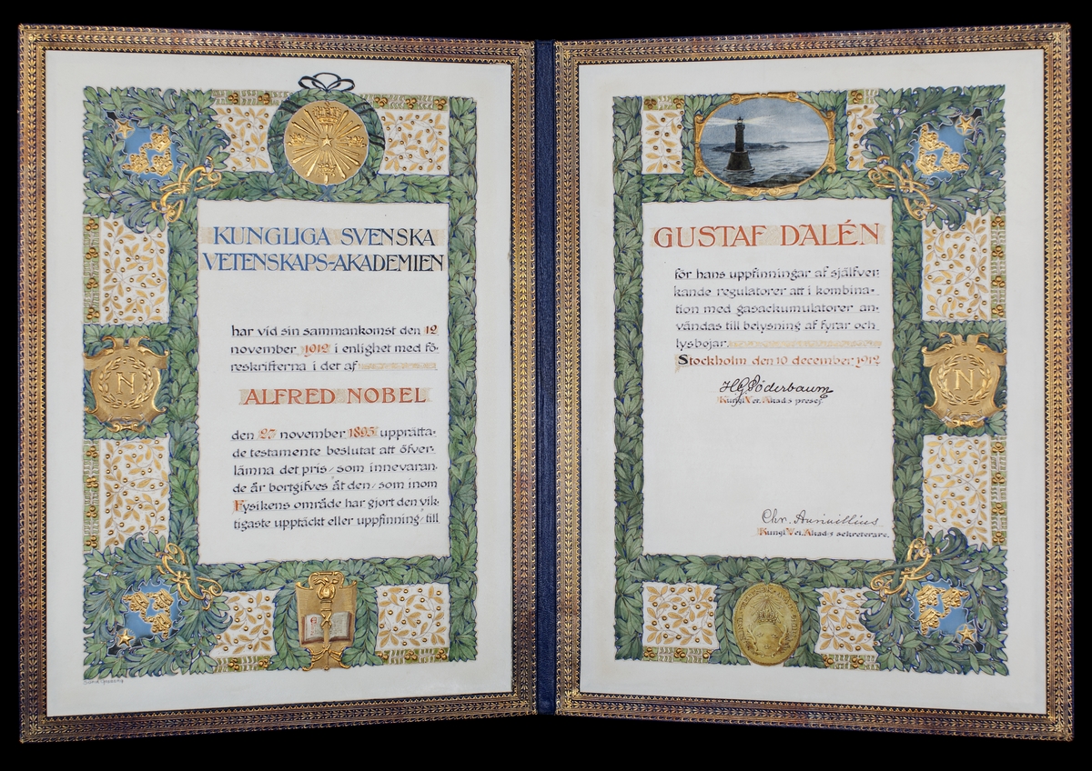 Nobelmedalj tillägnad Gustaf Dalén 1912. Med tillhörande diplom, undertecknat av ordföranden för Kungl Svenska Vetenskapsakademien H G Söderbaum.