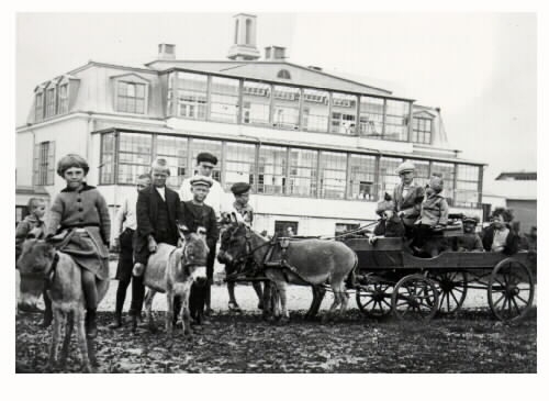 "Lek med åsnorna". Barn med tre åsnor och kärra framför avdelning 3 på Kustsanatoriet i Apelviken under 1920-talet.