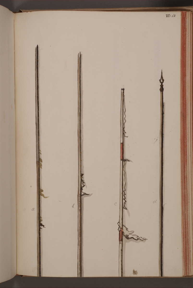 Avbildning i gouache föreställande fanstänger tagna som troféer av svenska armén. De avbildade stängerna finns inte bevarade i Armémuseums samling.