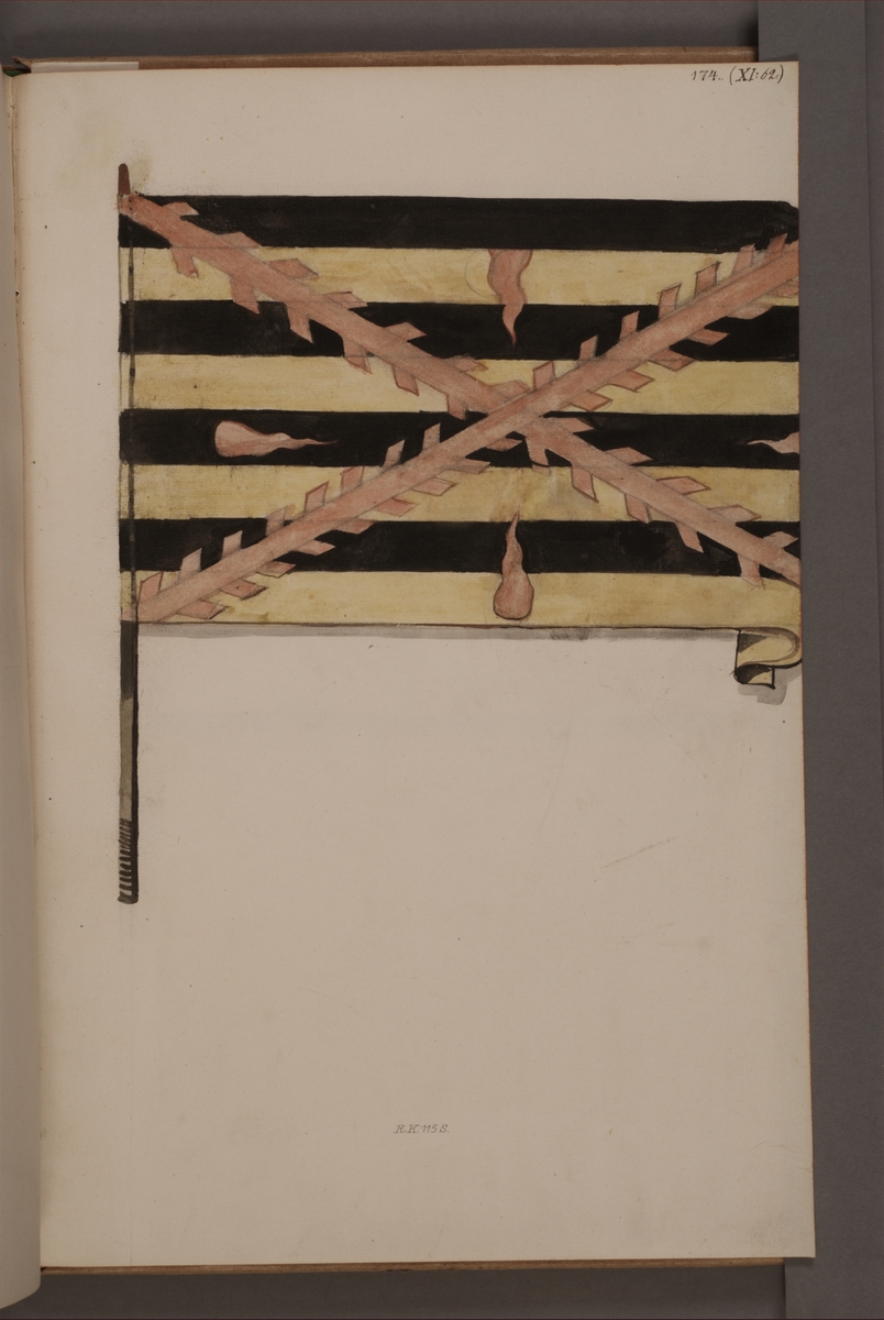 Avbildning i gouache föreställande fana tagen som trofé av svenska armén. Den avbildade fanan finns bevarad i Armémuseums samling, för mer information, se relaterade objekt.