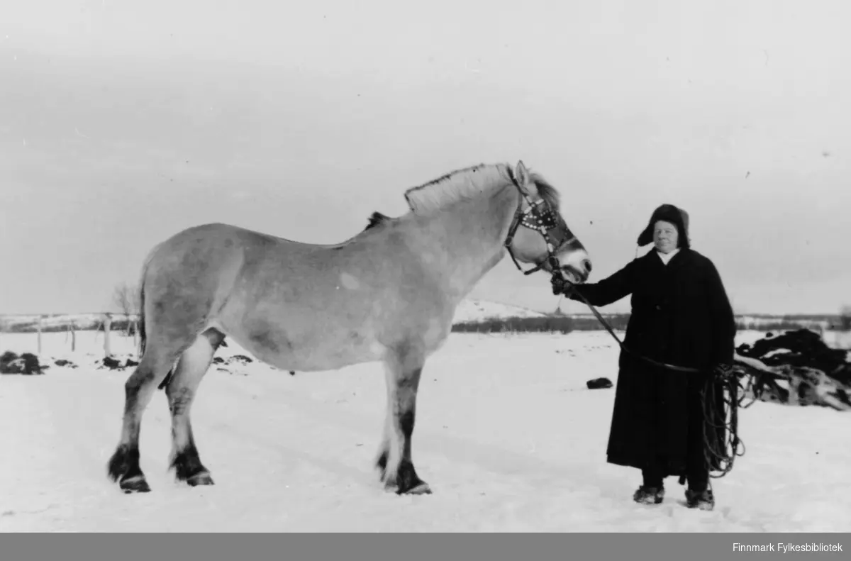 Et fotografi av Magna Erika stående ved siden av en hest, fjording. Hun står og holder hesten etter grimma. Hun var gift med Oskar Store, Vesterelv, Nesseby, som var søn til Petter Store.