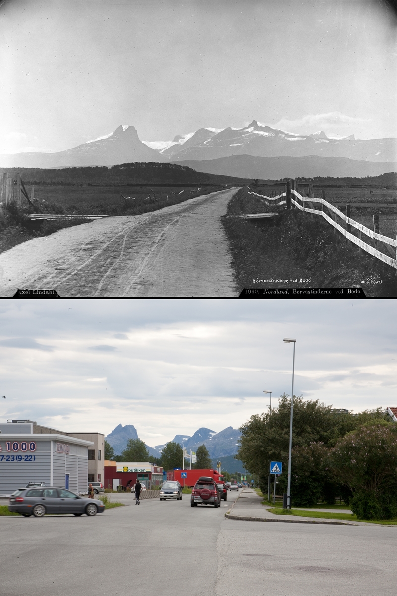 Refotografering. Gamle riksveien mot Børvasstindan på vei til Bodø i 1885. Butikker, hager og biler på samme vei i 2010. Fotografert 1885 og 2010.