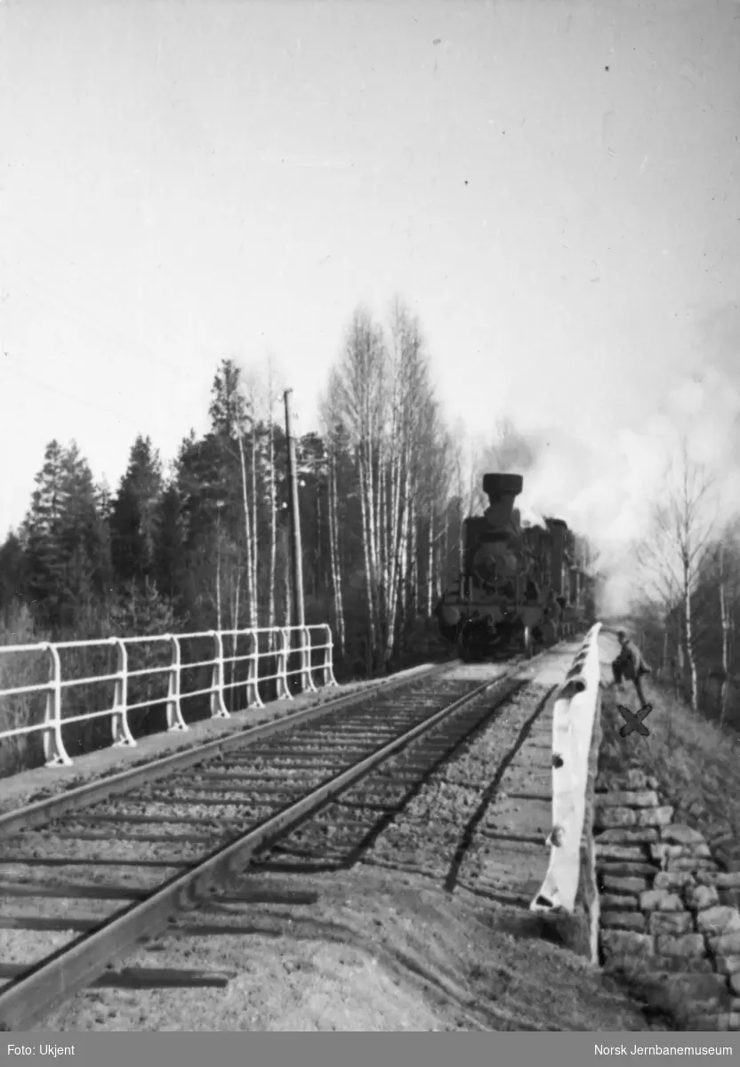 Damplokomotiv med tog ved bru på ukjent banestrekning
