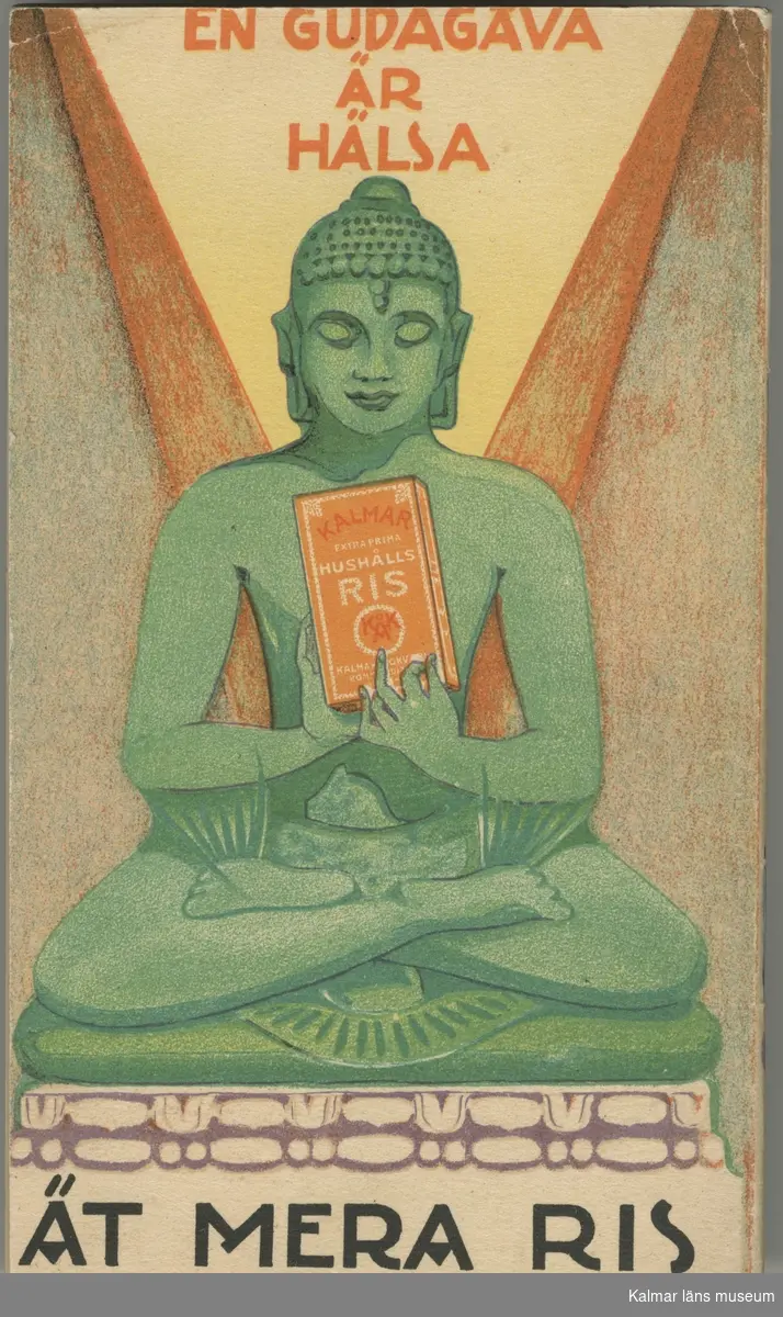 På pärmens utsida en kines, klädd i ett plagg i svart, lila, vitt och orange, som håller ett rispaket. På baksidan en Budda som håller ett rispaket med händerna, sitter på ett fundament med texten, Ät mera ris. Överst texten, En gudagåva är hälsa.