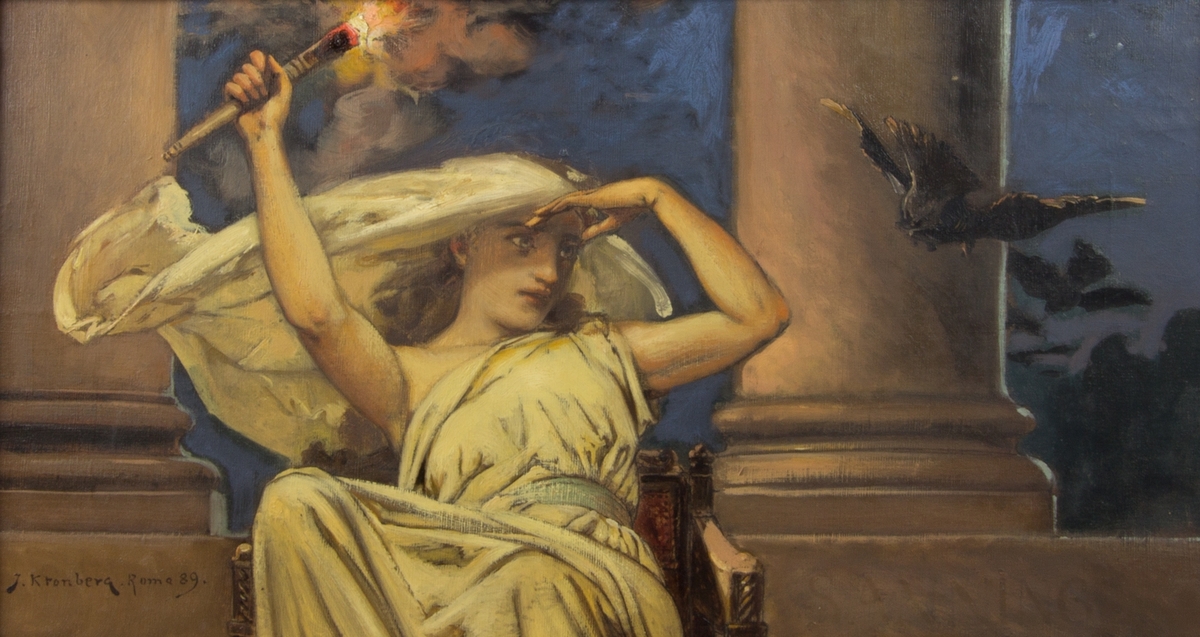 En vitklädd kvinna, sittande, i en stol mellan två pelare symboliserande sanningen. I ena handen håller hon en brinnande fackla och den andra handen stödd mot pannan. Till vänster om henne en flygande svart korp.