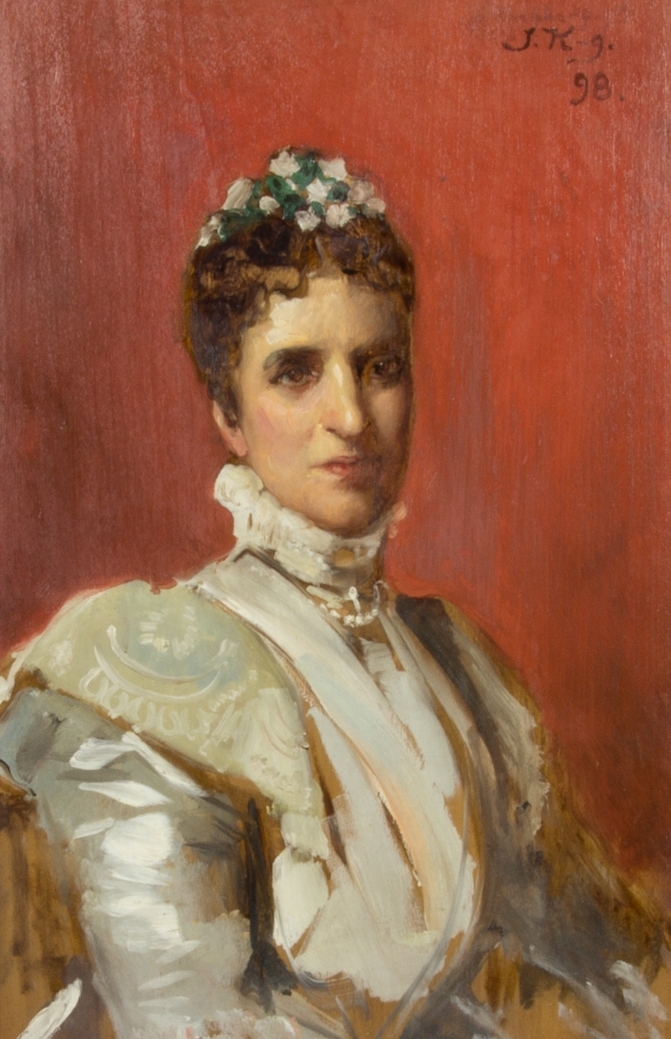 Midjebild av kvinna, Maria Ekman, klädd i vit sidenklänning. Blomsterprydnad i håret. Rödbrun bakgrund. Skissartat utförande.