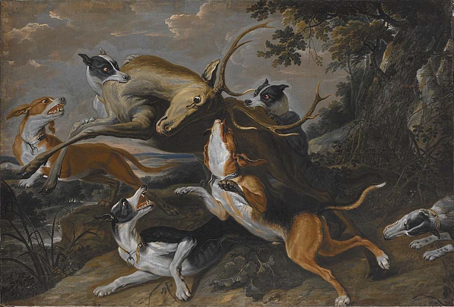 En flyende hjort anfalles på en låg klippavsats av sex hundar. Till höger ett skogsbryn med lövträd, till vänster nedanför klippan, ett öppet landskap med vatten, träddungar och kullar. Molnig himmel.