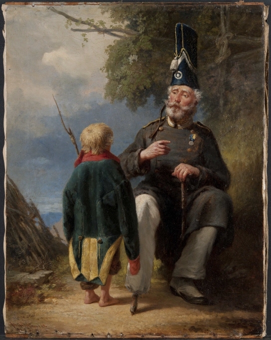 Målningen föreställer en äldre soldat och en ung pojke.