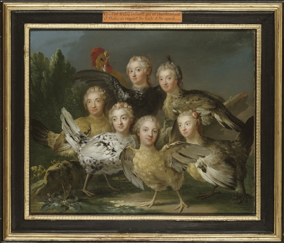 Den mångomtalade Hönstavlan tillkom på initiativ av Carl Gustaf Tessin i samband med en hovfest 1747. Målningen visades för första gången som en av sex tablåer, framförda vid ett sammanträde inom en sällskapsorden, kallad De små mästarinnors akademi. Alla de sex avbildade hovfröknarna var medlemmar i denna akademi vid kronprinsparets hov och som förlagor till deras huvuden fungerade Gustaf Lundbergs pastellporträtt för det planerade skönhetsgalleriet på Drottningholm. Den fabelmässiga framställningen alluderade på en händelse sommaren ovannämnda år, då Tessin skall ha sett hovdamerna "uti nog naturligt tillstånd, under det de skulle påkläda sig". Detta var en episod som uppenbarligen attraherade Tessins fantasi på flera plan. Han var en känd smygtittare och har själv berättat hur han lyckades öppna en badrumsdörr i smyg för att se en skymt av den vackra prinsessan av Rohan. Till Hönstavlan lät han foga ett par galanta verser där han liknade hovfröknarna vid höns och sig själv, som så oskyldigt fått se deras behag, vid en munter tupp. Målningen var alltså strängt privat till sin karaktär och endast avsedd för en trängre krets av initierade. Av samma skäl gav Tessin målningen till sig själv i julklapp 1747.     Roger de Robelin (Källa: 1700-tal. Carl Gustaf Tessin på Läckö, Helsingborg 2005, s. 114)