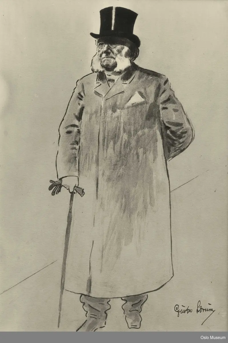 portrett, mann, helfigur
en face, dreining mot venstre, iført dobbeltspent frakk og sylinderhatt, høyre hånd holder hanske og paraply/stokk, venstre arm bakpå rygg.