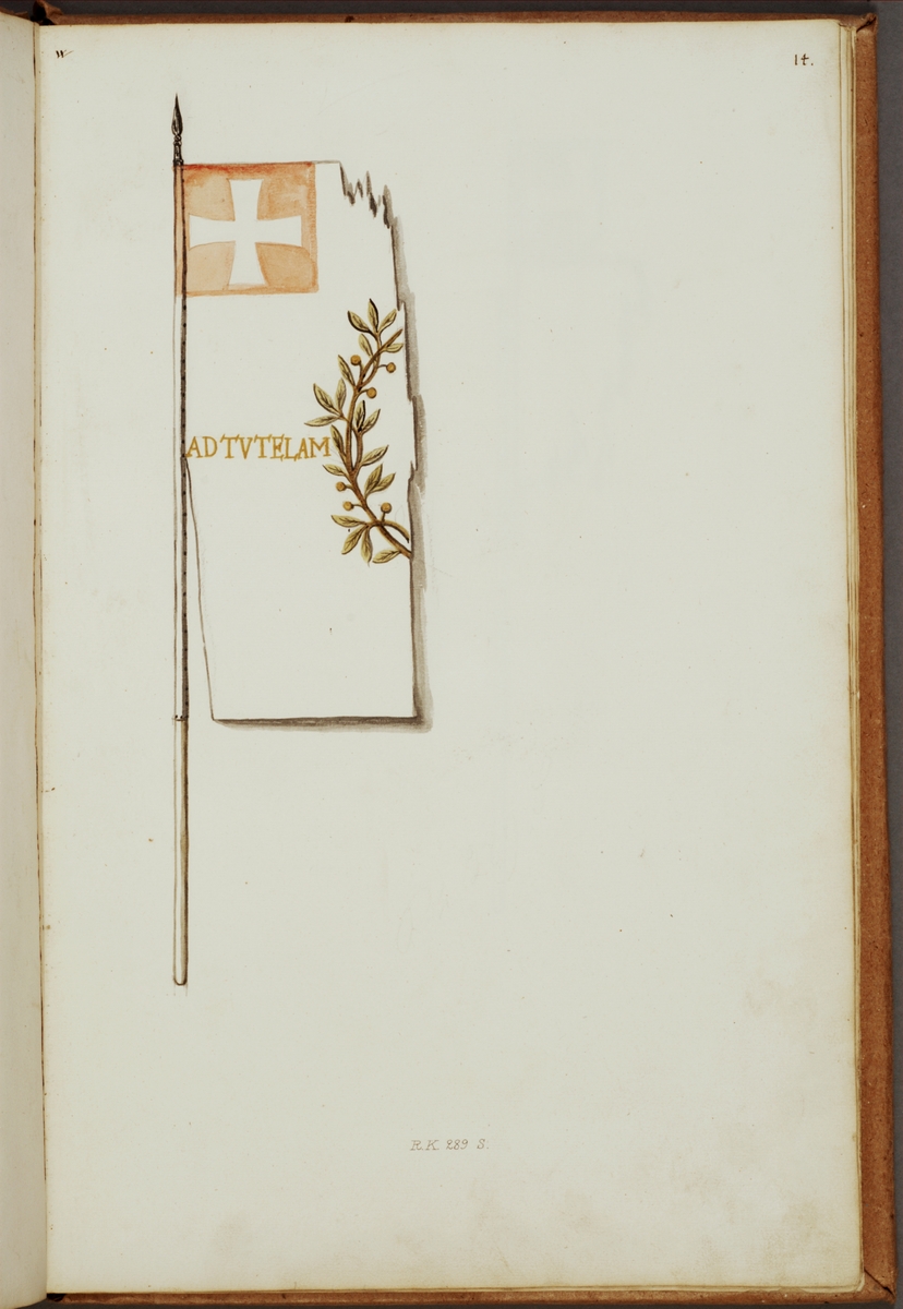 Avbildning i gouache föreställande fälttecken taget som trofé av svenska armén. Den avbildade fanan finns delvis bevarad i Armémuseums samling, för mer information, se relaterade objekt.